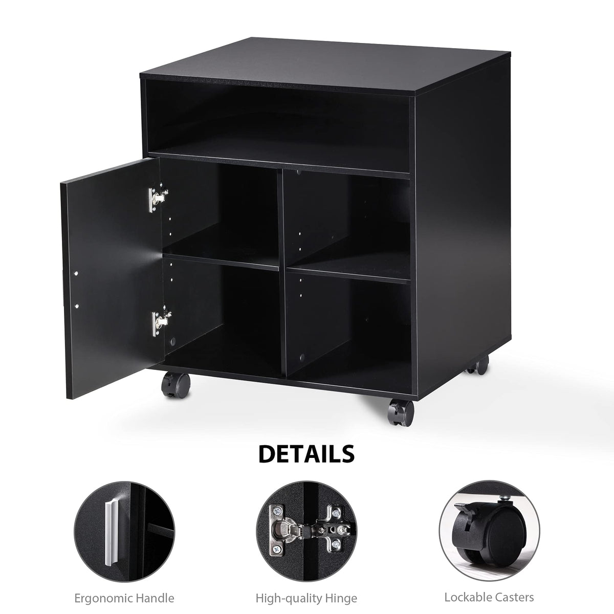 FITUEYES Printer Stand with Storage Adjustable Shelves, Wood Mobile Cart with Door, Rolling File Cabinet on Wheels for Home Office, Black, PS406001WB