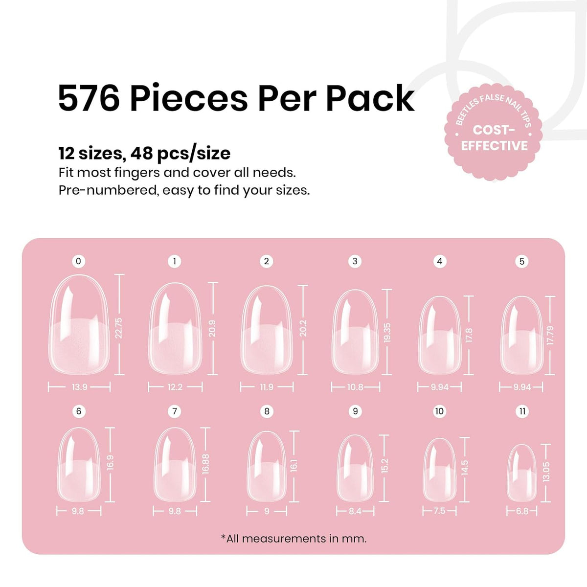 Beetles Gel Nail Tips Short Oval 576Pcs, 12 Sizes Pre-Shaped Half Matte Press On Nails Gelly Tips False Nails for Gel Full Cover False Nails Home DIY Nail Salon Gifts for Girls Women