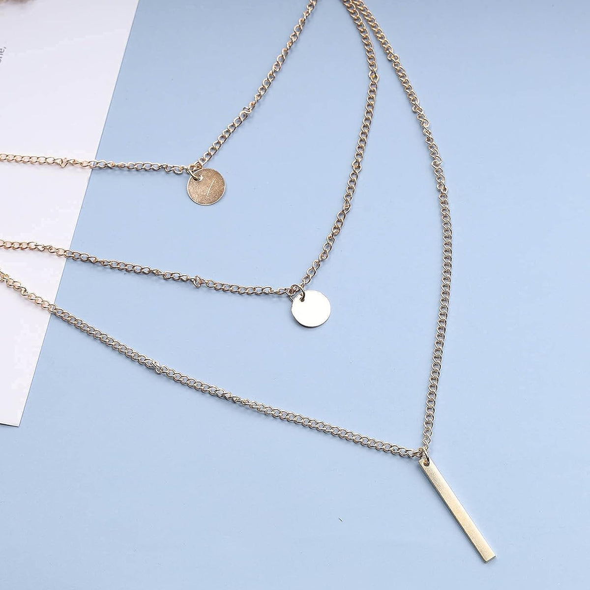 Boho Layered Coin Bar Necklace Gold Disc Pendant Necklace Chain Multi Layer Vintage Necklace Jewelry for Women and Teen Girls