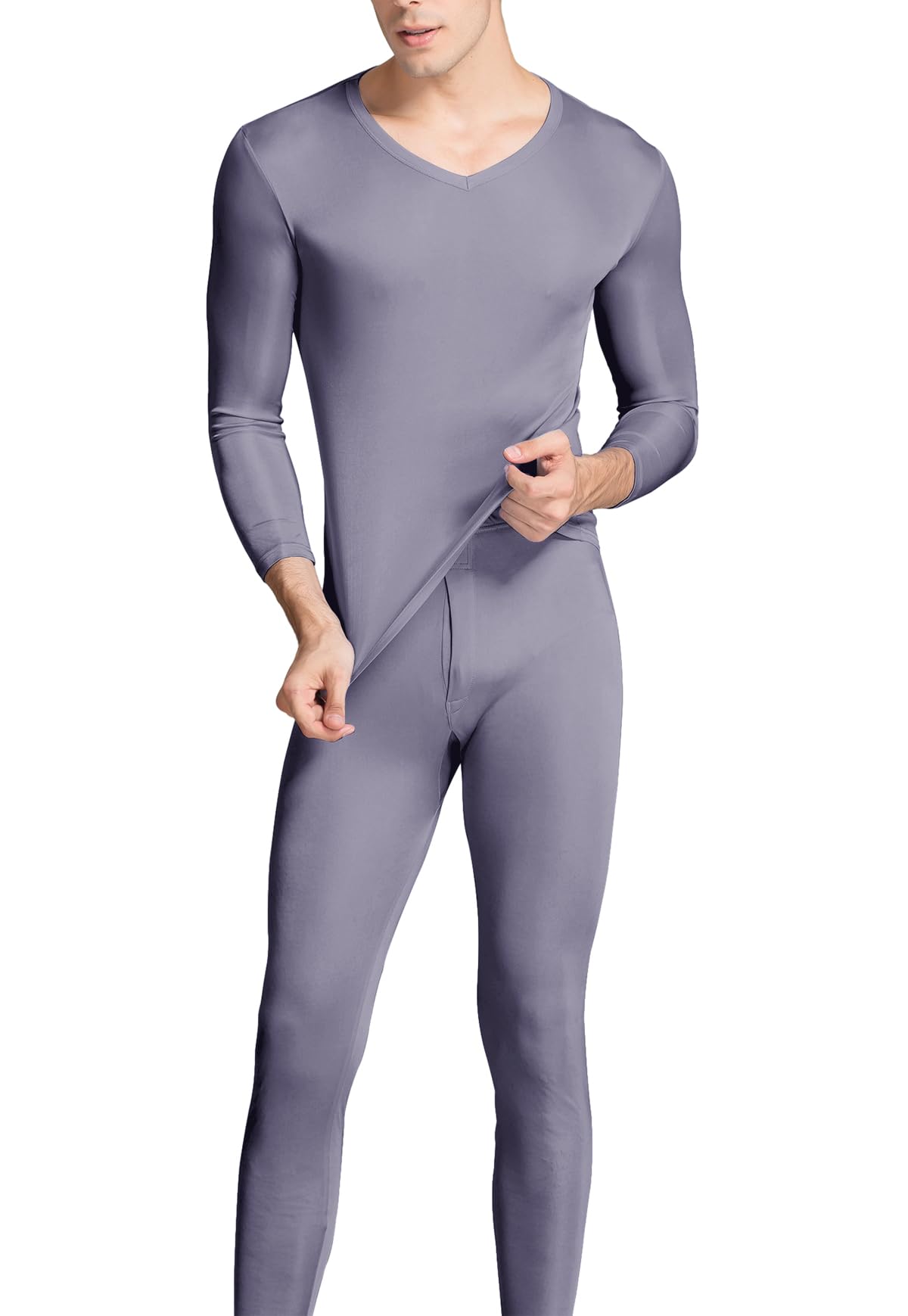 Grenasasilk Men's Silk Long Johns Mulberry Silk Long Underwear V-Neck Breathable Thermal Underwear Sets & Undergarments (M, Grey)