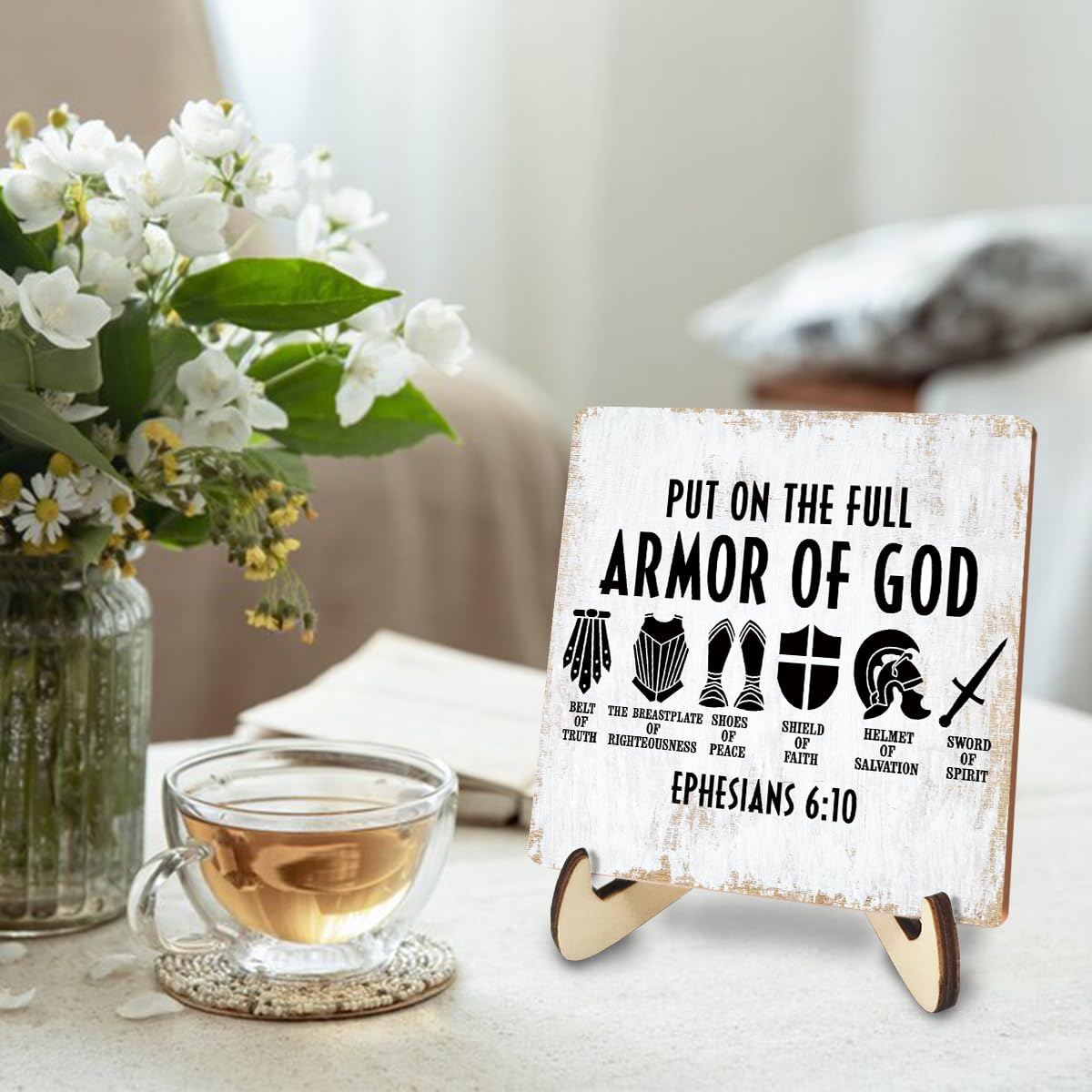 Inspirational Christian Wood Sign Rustic Religious Bible Verse Desk Decor Decorative Faith Jesus Decorations for Home Cave Men Room Decor Office Accessories Table Shelf Wooden Plaque with Wood Stand