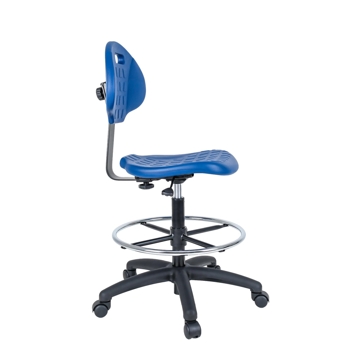 Chair Master Drafting Stool Blue- Easy to Clean! Quick Ship. Ergonomic Polyurethane Chair. Seat Height Adjustable (23"-33") Heavy Duty Adjustable Footring for Home, Automotive, Lab, Cleanroom (Blue)