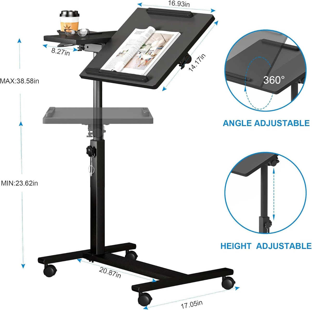 Panta Height Adjustable Rolling Laptop Stand, Overbed Table with 2 Tilting Desktops, Mobile Laptop Table for Couch with Cup Holder, Mobile Computer Workstation for Office, Home and Hospital