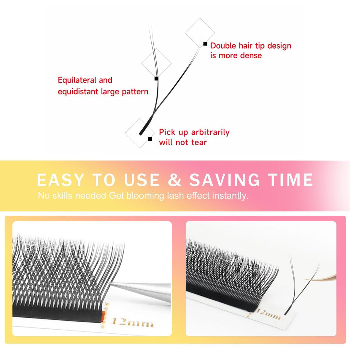 YY Lash Extensions Supplies Y Eyelash Extensions 0.07mm Thickness D Curl 9mm Premade Fans 4D Russian Volume Matte Black 12 Rows Crisscross Eye Lashes(YY-0.07-D,9mm)