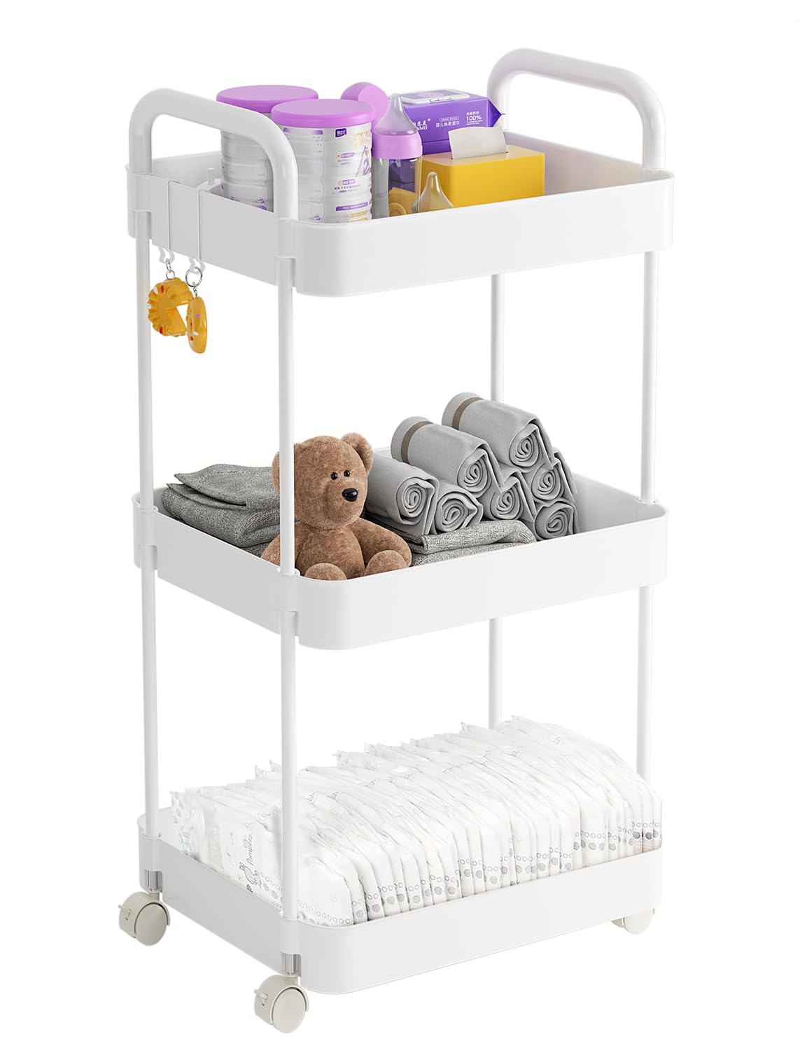 Volnamal Diaper Caddy Organizer, 3-Tier Movable Diaper Cart with Wheels, Newborn Essentials Must Haves, Diaper Caddy for Wipes & Diapers, Baby Registry Search - Plastic White