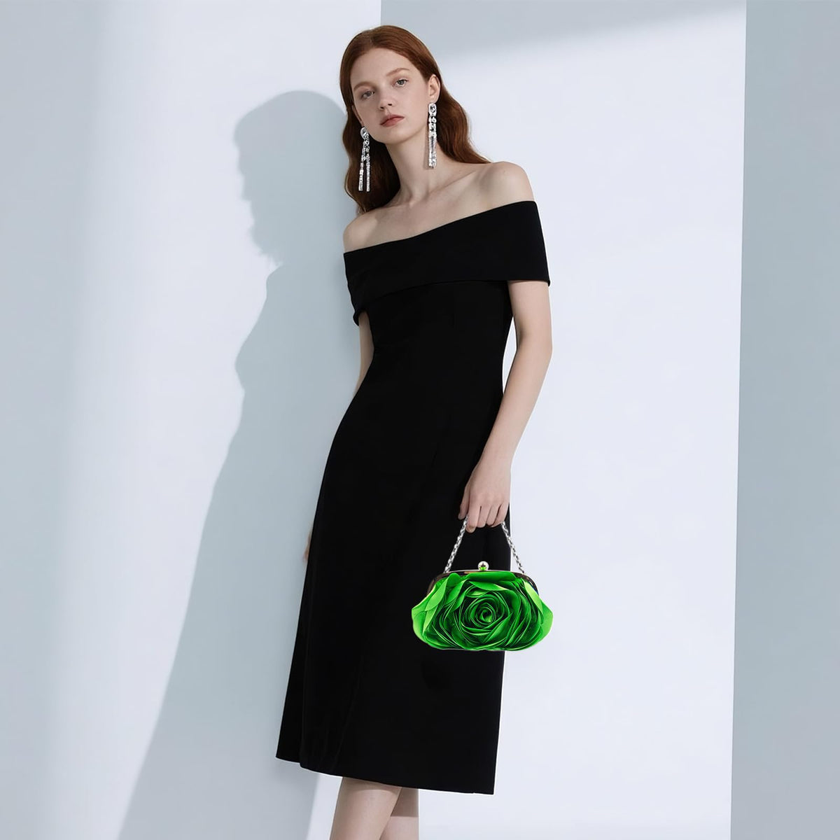 Little Floral Clutch Purse for Women - Elegant Rose Petal Evening Bag with Detachable Chain for Wedding, Gala, Prom, Green