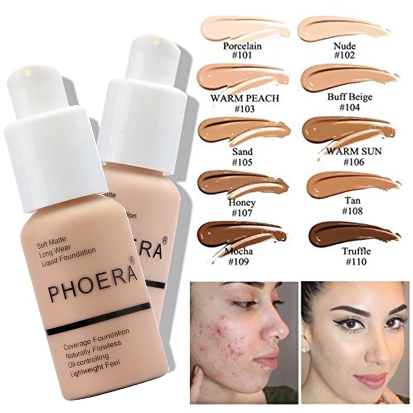 PHOERA Foundation Full Coverage,PHOERA Concealer Lightweight Full Coverage,PHOERA Makeup Long Lasting Wrinkles Matte Natural Finish for a Flawless Complexion(102 Nude+102#NEUTRAL)