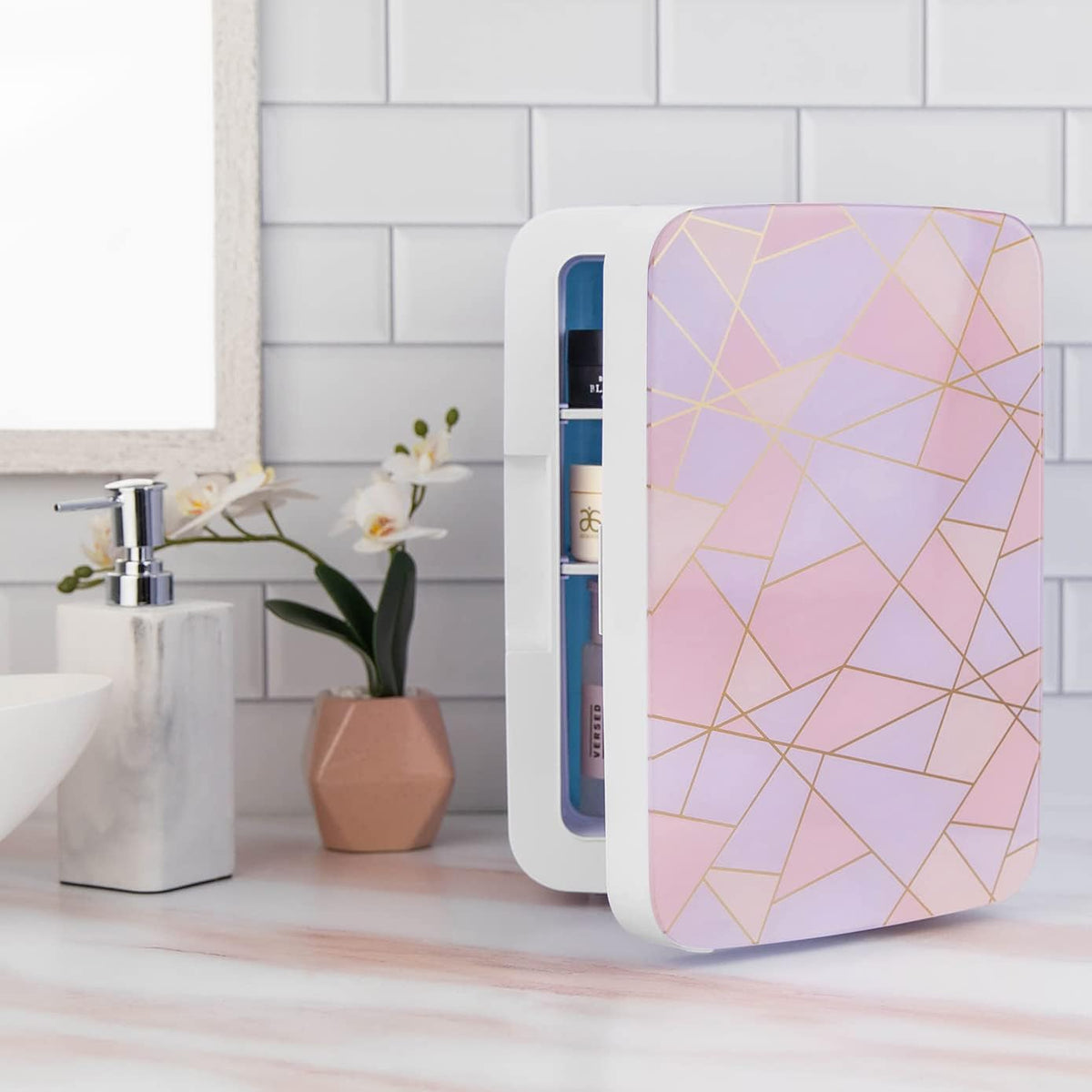Cooluli 10L Mini Fridge for Bedroom - Car, Office Desk & Dorm Room 12v Portable Cooler Warmer Food, Drinks, Skincare, Beauty Makeup AC/DC Small Refrigerator with Glass Front, Fractal Pink