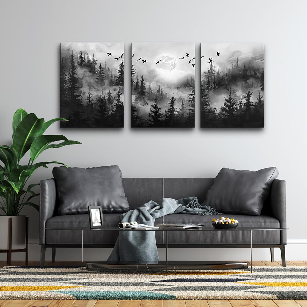 DZRWUBHS Black And White Wall Paintings Wall Art For Living Room Canvas Wall Decor For Bedroom Modern Office Decorations Misty Forest Landscape Abstract Wall Pictures Wall Hanging Room Home Decor