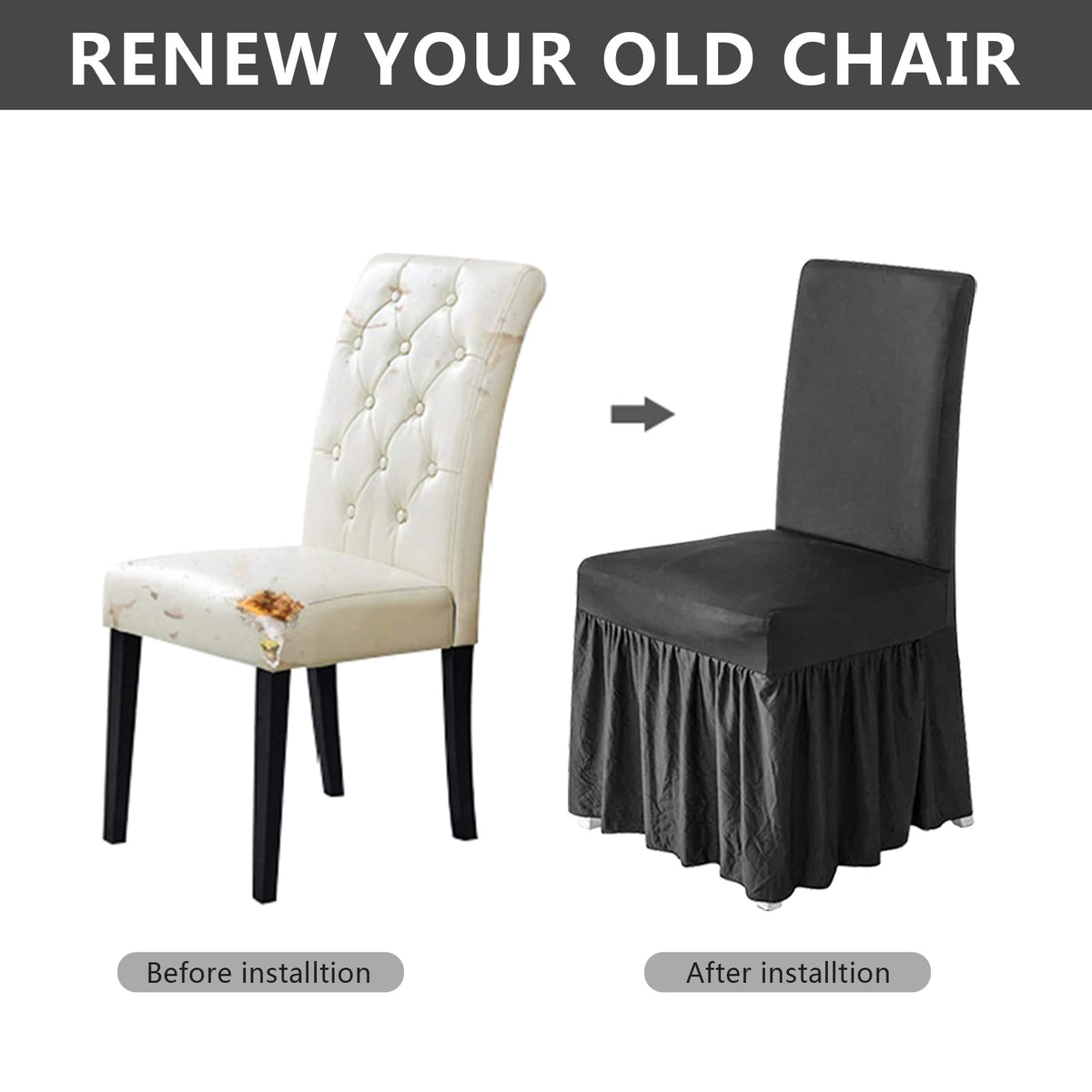 molasofa Chair Covers for Dining Room Set of 4 Stretch Chair Slipcovers with Skirt for Kitchen Seat Protectors Wedding Banquet Decor Kids Pets Spandex Fabric Washable (4pcs, Dark Grey)