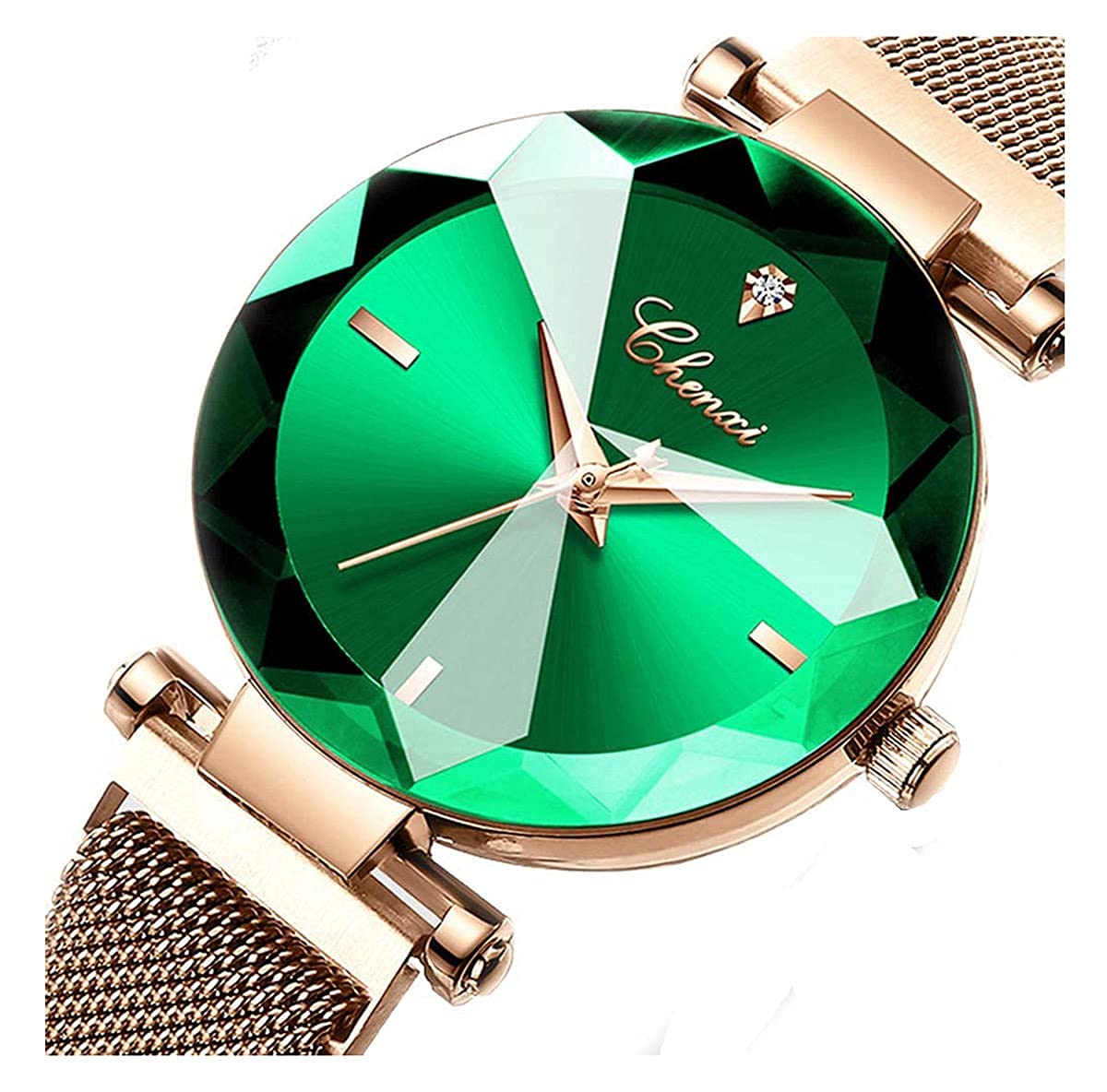 SENRUD Women's Watches Fashion Shine Crystal Cutting Mirror Wrist Watch Rose Gold Stainless Steel Mesh Band Waterproof Analog Quartz Watches (A Green)
