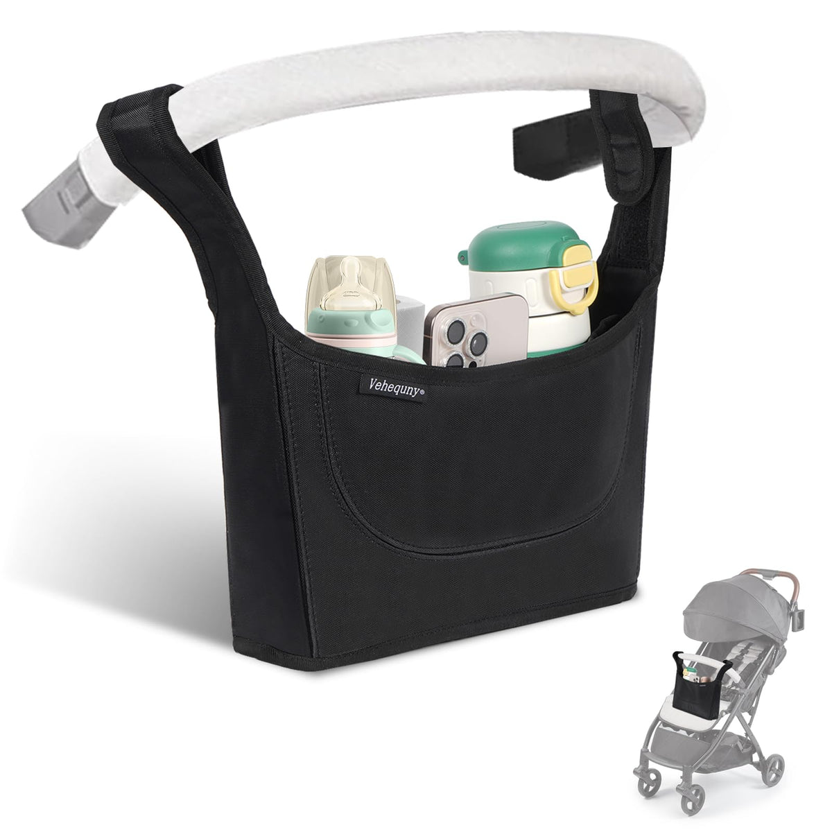 Vehequny Stroller Caddy, Universal Stroller Organizer,600oz Large Storage Stroller Organizer Bag Fits for Uppababy, Baby Jogger, Britax, BOB, Cruz, Minu, G-Series ,Most Strollers