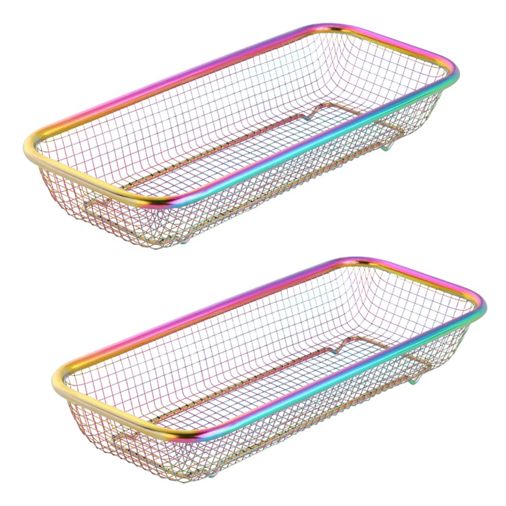 BYEGOU Silverware Drawer Organizer, Rainbow Mesh Kitchen Drawer Organizers, Iridescent Stackable Storage Basket Metal Utensil Holder for Flatware, 12.5"x5"x2.5", Pack of 2