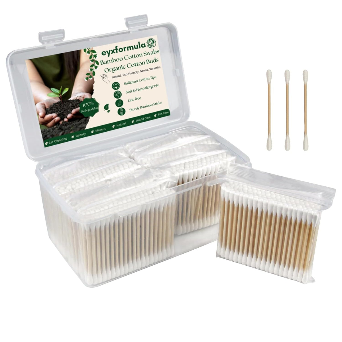 800 Count Bamboo Cotton Swabs - Natural Organic Cotton Buds with Double Tips, Hypoallergenic, Biodegradable Swabs for Ear Cleaning, Beauty & Personal Care, Makeup, Pet Care, Crafts