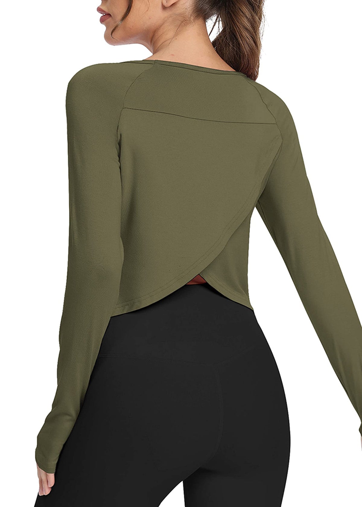 Bestisun Long Sleeve Workout Dance Clothes Split Back Gym Tennis Sports Training Wear Fitness Crop Tops Army Green M