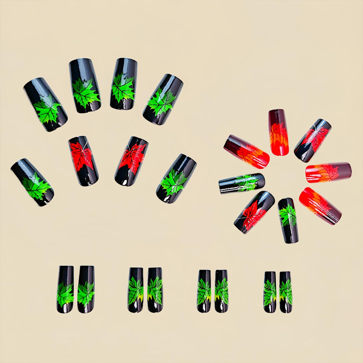 Fall Press on Nails Long Square Thanksgiving Fake Nails for Women Colorful Maple Leaf Acrylic Glue on Nail Autumn Maple Leaves Glossy Artificial Stick on Nail