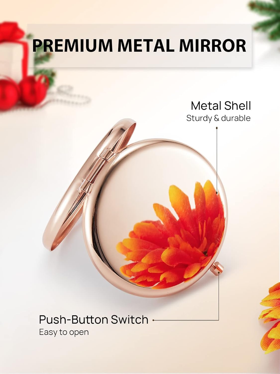 Compact Mirror for Purse, Double-Sided 1X/2X Magnifying Metal Pocket Makeup Mirrors(Round, Rose Gold)