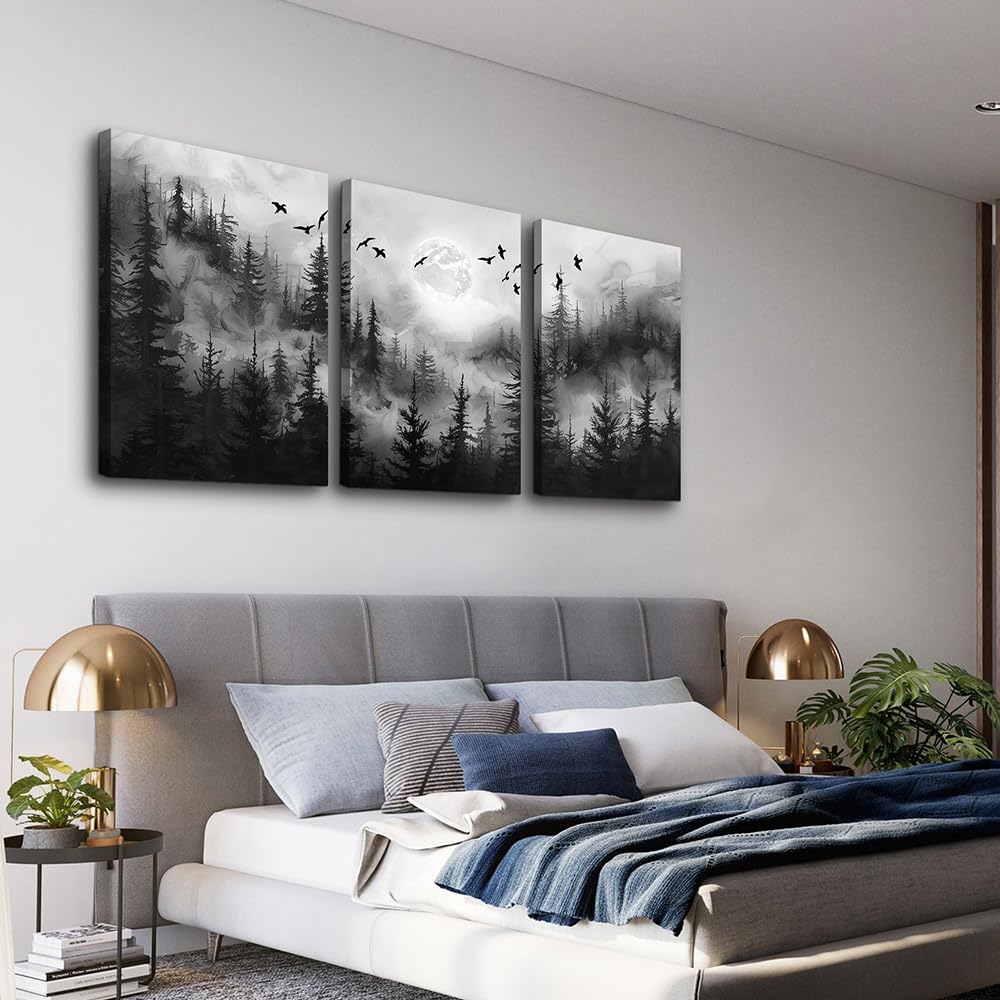 DZRWUBHS Black And White Wall Paintings Wall Art For Living Room Canvas Wall Decor For Bedroom Modern Office Decorations Misty Forest Landscape Abstract Wall Pictures Wall Hanging Room Home Decor