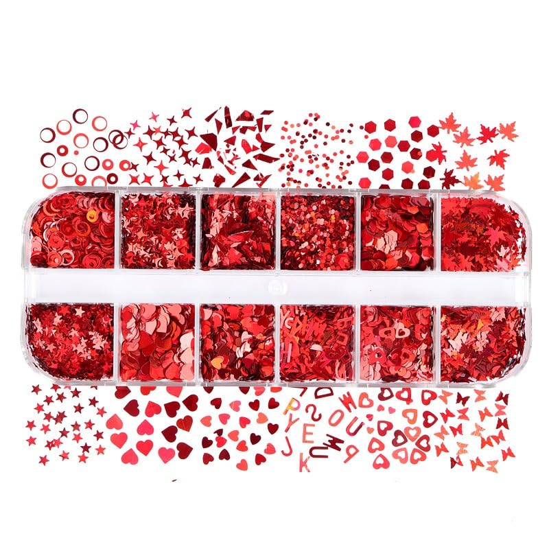 Valentine's Day Nail Art Glitters Sequins, 3 Boxes Holographic Hearts Nail Art Flakes Red Heart Glitter Sticker Decals Mixed Color Hearts Nail Sequins for Manicure DIY Decorations 36 Styles