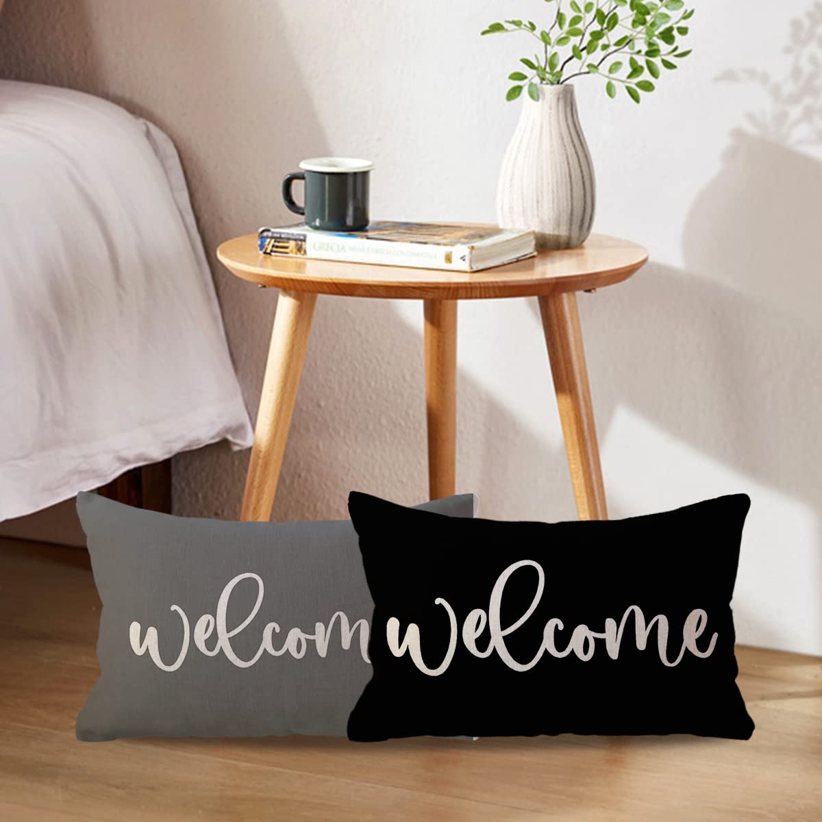 ULOVE LOVE YOURSELF Welcome Lumbar Throw Pillow Covers Farmhouse Rustic Decorative Rectangular/Waist Pillowcases 12 x 20 Inch Front Porch Decor Cushion Covers Housewarming Gifts(Black)