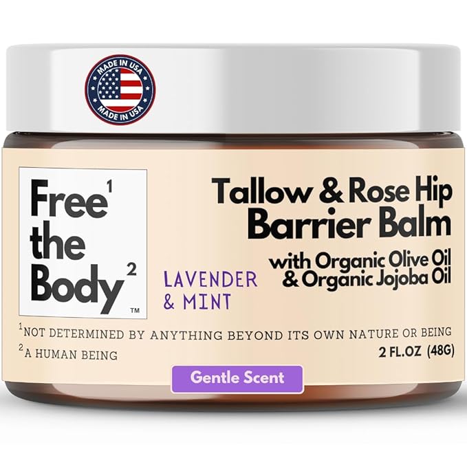 Tallow and Rose Hip Barrier Balm, Grass-Fed Tallow with Beeswax and Rosehip Oil, 2oz, All Skin Types, Face and Body (2oz, Lavender & Mint)