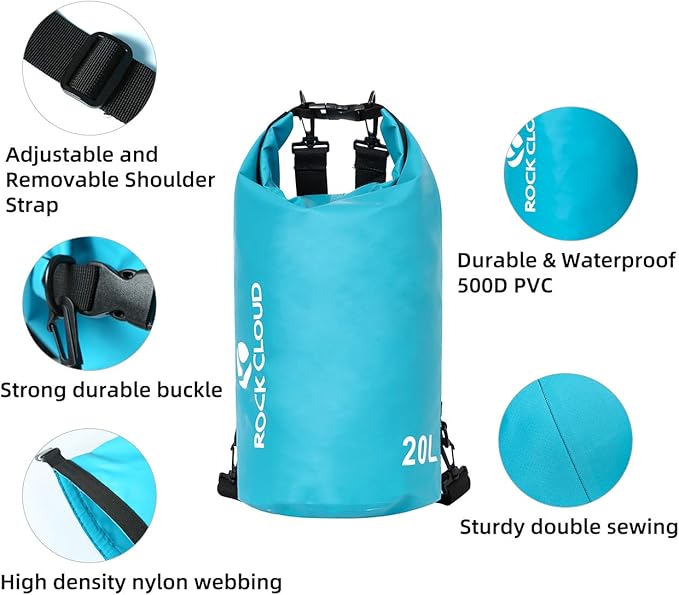 ROCK CLOUD Dry Bag Waterproof 20L Dry Sack for Kayaking Rafting Boating Beach Surfing Swimming Canoe Camping Hiking Fishing Ski, Lake Blue