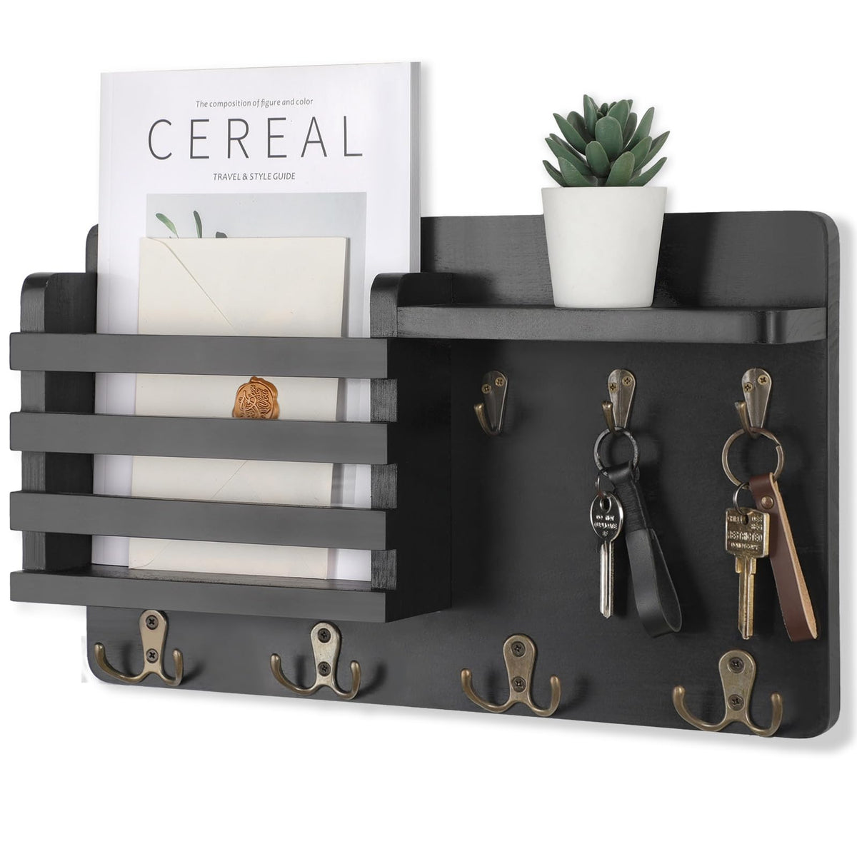 Nekon Mail Holder for Wall Mail Organizer with Key Hooks Hallway Farmhouse Decor Letter Sorter Made of Natural Wood with Floating Shelf and Flush Mount Hardware (16.8Inch x 10Inch x 3.2Inch)