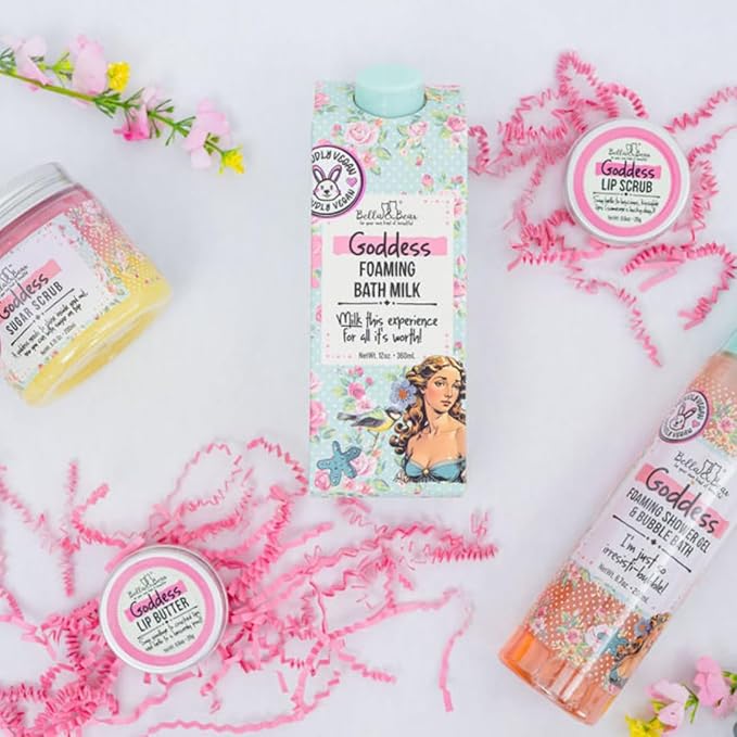 Bella & Bear Goddess Mega Bath & Body Gift Set with Foaming Shower Gel & Bubble Bath, Bath Milk, Body Scrub & Lip Scrub and Lip Butter - Gift for Women for Easter gifts or Mothers Day basket.