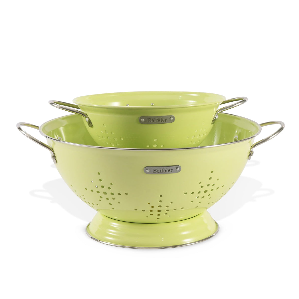 Metal Colander 2 Pack, Strainer Bowel with Handles 2Qt & 6Qt Powder Coated Solid Ring Base Heavey Duty Kitchen Drainer Basket for Pasta Veggies and Fruits,New Home Apartment Essentials (LightGreen)