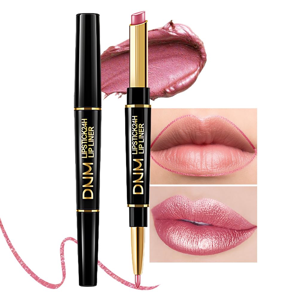 Kaely 2-in-1 Natural Pink Metallic Shine Shimmer Lip Liner & Lipstick Combo Set Kit for Women, Lightweight Hydrating Formula High Impact Full Coverage Lipstick and Lip Liner Makeup Gloss 20