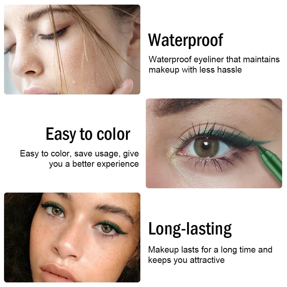evpct Green Glitter Eyeliner Pencil for Eyes, Dark Emerald Green Metallic Shimmer Eye Liner Pencil Makeup Waterproof Smudge Proof, Colored Gel Waterline Eyeliner, Face Eye Paint Stick Halloween Makeup