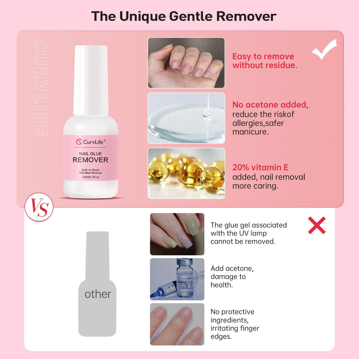 Curvlife Multi-functional Brush-on Nail Glue Remover 20ml for Press On and Fake Nails - Cuticle Pusher for Women