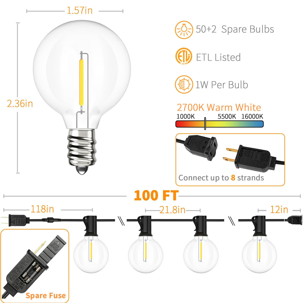 Svater Outdoor String Lights Waterproof 100 FT, LED Patio Lights Outside with 52 Shatterproof G40 Bulbs, Dimmable Hanging Globe Lighting for Bistro Backyard Cafe Market Porch, Warm White 2700K