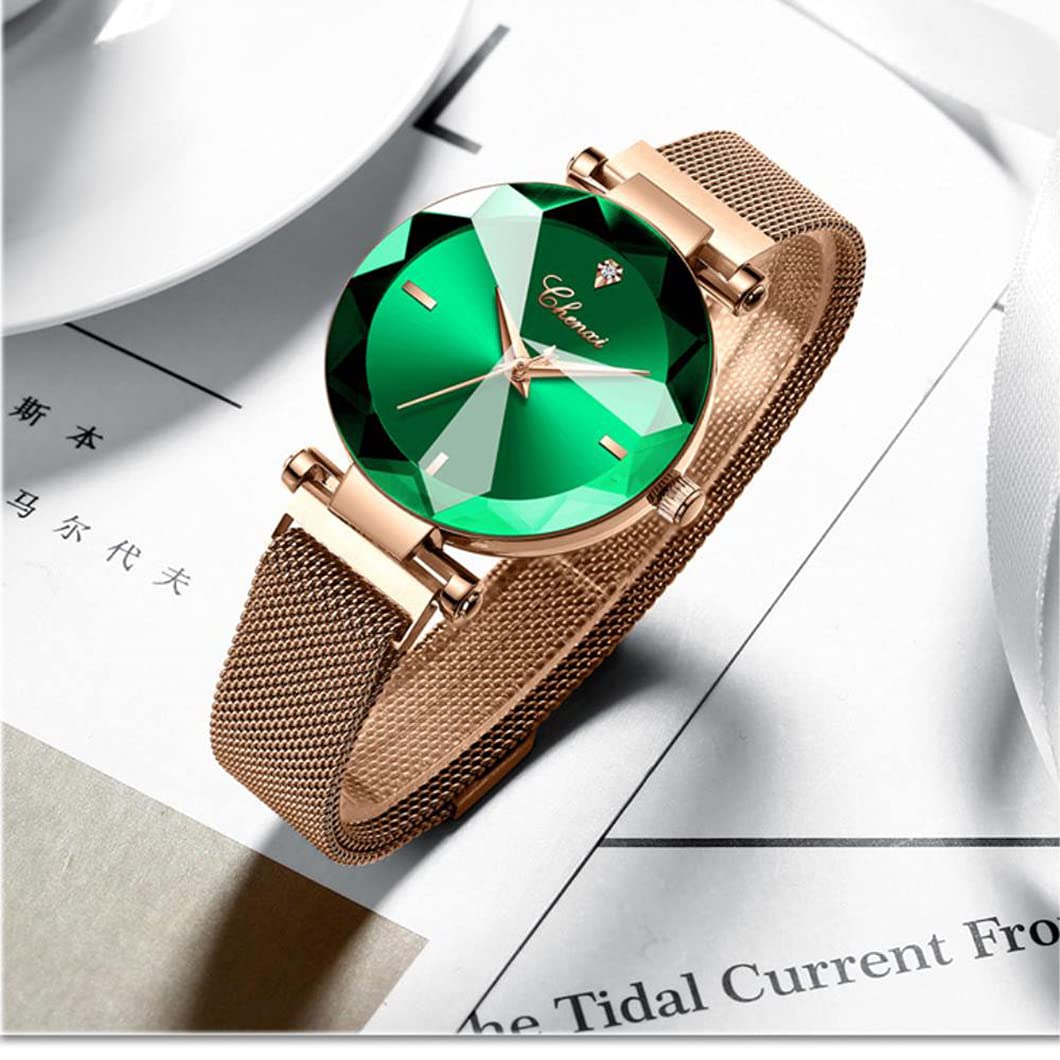 SENRUD Women's Watches Fashion Shine Crystal Cutting Mirror Wrist Watch Rose Gold Stainless Steel Mesh Band Waterproof Analog Quartz Watches (A Green)