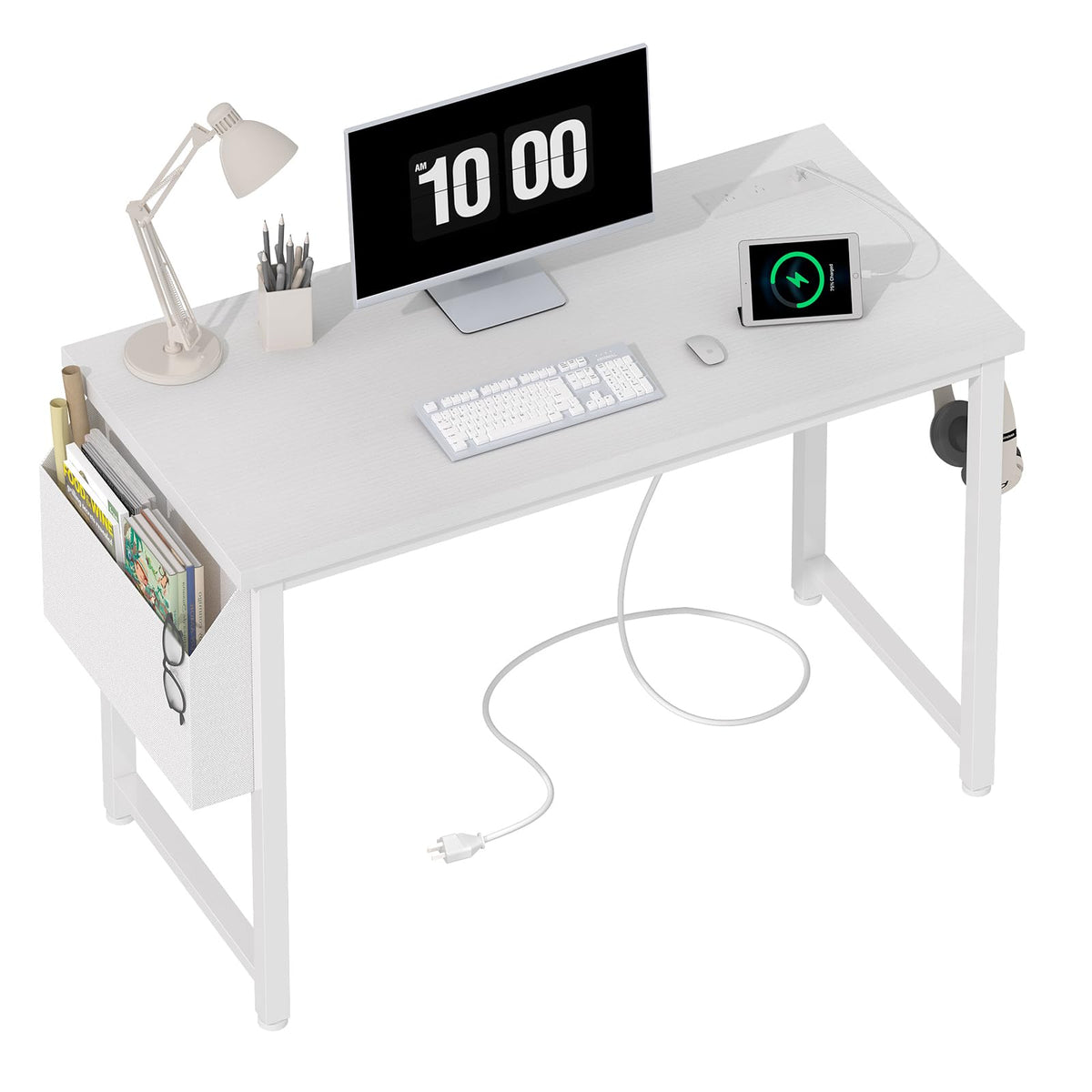 Lufeiya White Computer Desk with Power Outlet, 40 inch Simple Teen Study Table Home Office Work Writing Desks with Charging Station Outlets USB Port Built in, Storage Pocket，White