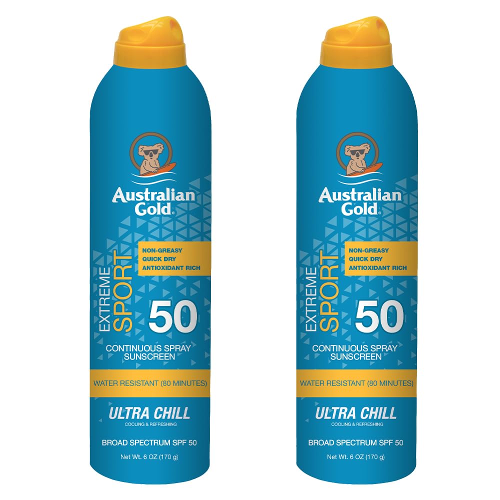 Australian Gold Extreme Sport Continuous Spray Sunscreen SPF 50, 6 Ounce - 2 Pack, Broad Spectrum, Sweat & Water Resistant, Non-Greasy, Vegan, PETA-Approved, Coastal Breeze Scent