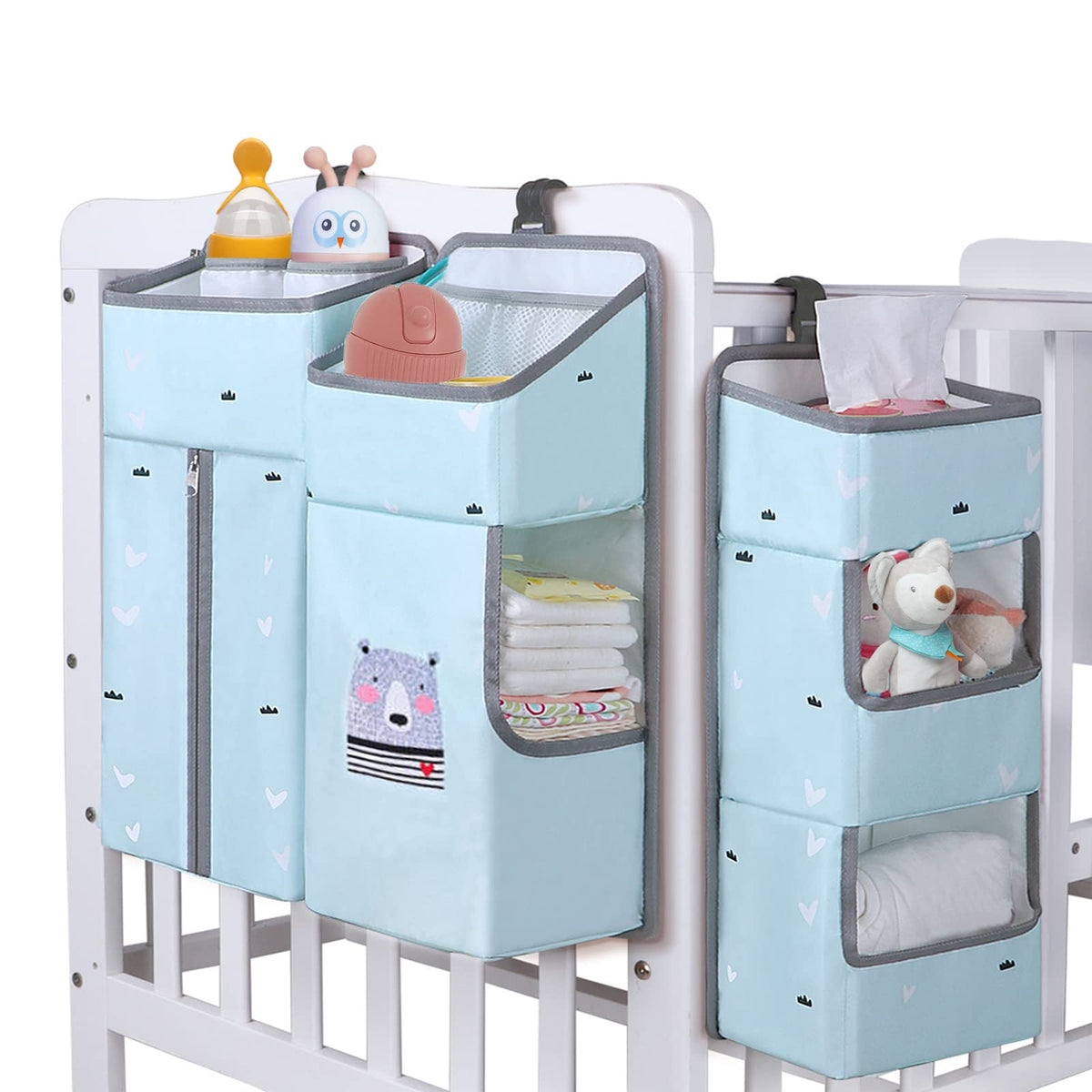 TOCKONIMN Hanging Diaper Caddy Organizer for Baby Crib - 3-in-1 Diaper Stacker for Changing Table Nursery Organization Storage Holder for Baby Essentials Attachment Portable Combining (Sky Blue)