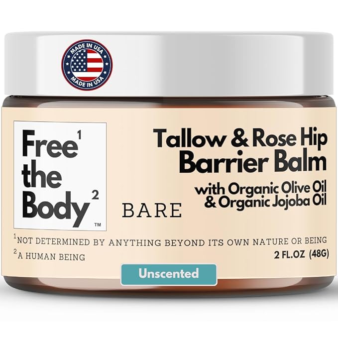Tallow and Rose Hip Barrier Balm, Grass-Fed Tallow with Beeswax and Rosehip Oil, 2oz, All Skin Types, Face and Body (2oz, Bare (unscented))