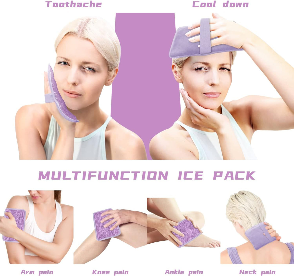 Gel Beads Ice Pack Ice Bag with Strap-Reusable Hot & Cold Pack Compress Therapy for Pain, Swelling,Injuries of Knee, Shoulder, Foot, Back, Ankle, Neck, Hip, Elbow, Wisdom Tooth(2Pack,Purple)