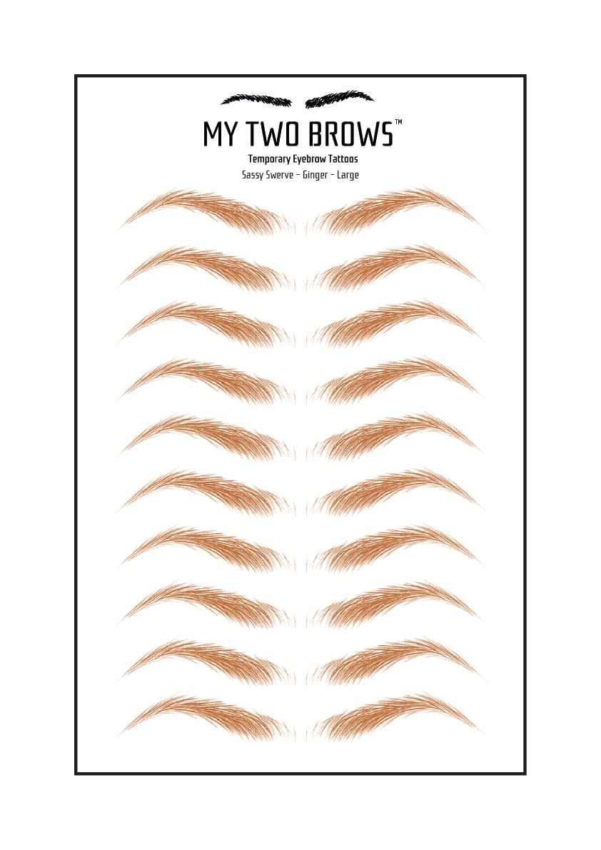 (10 pairs) Ginger Temporary Eyebrow Tattoo - Large Size - Waterproof & Smudgeproof - Sassy Swerve Style Eyebrow Stickers - Sheet Lasts up to 30 Days - Won't Work on Existing Brows