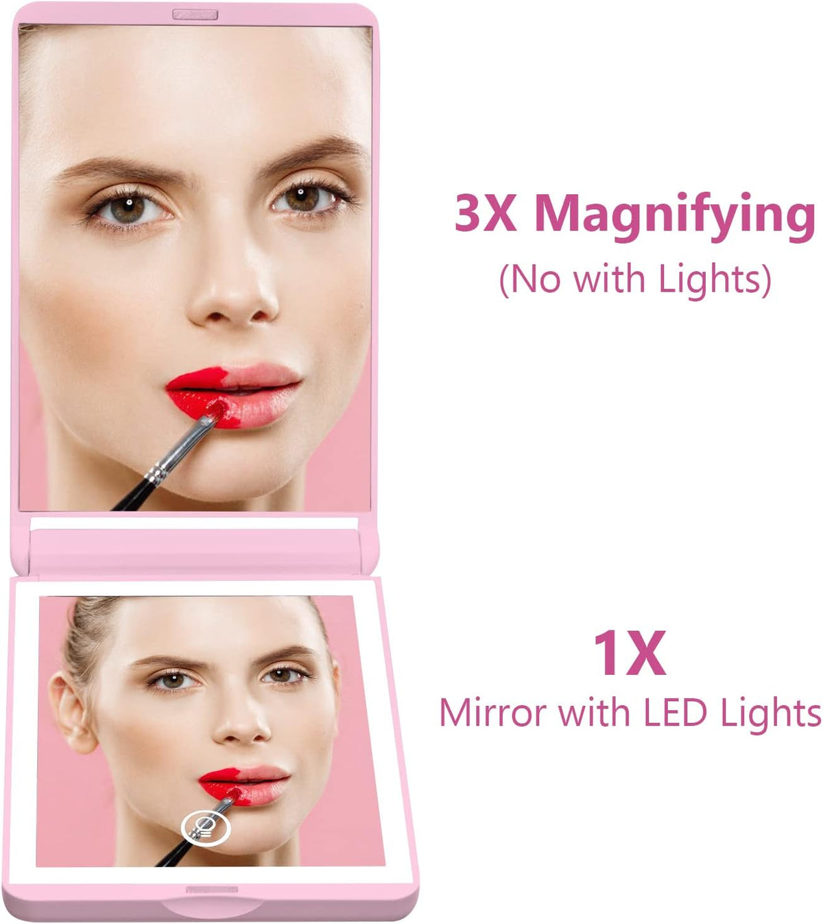 WOBSION Lighted Compact Mirror, Rechargeable Travel Makeup Mirror with Light,1x/3x Magnifying,300°Flip Folding Portable Mirror, 2-Sided Magnetic Switch Handheld Mirror,Dimmable,Gifts for Girls
