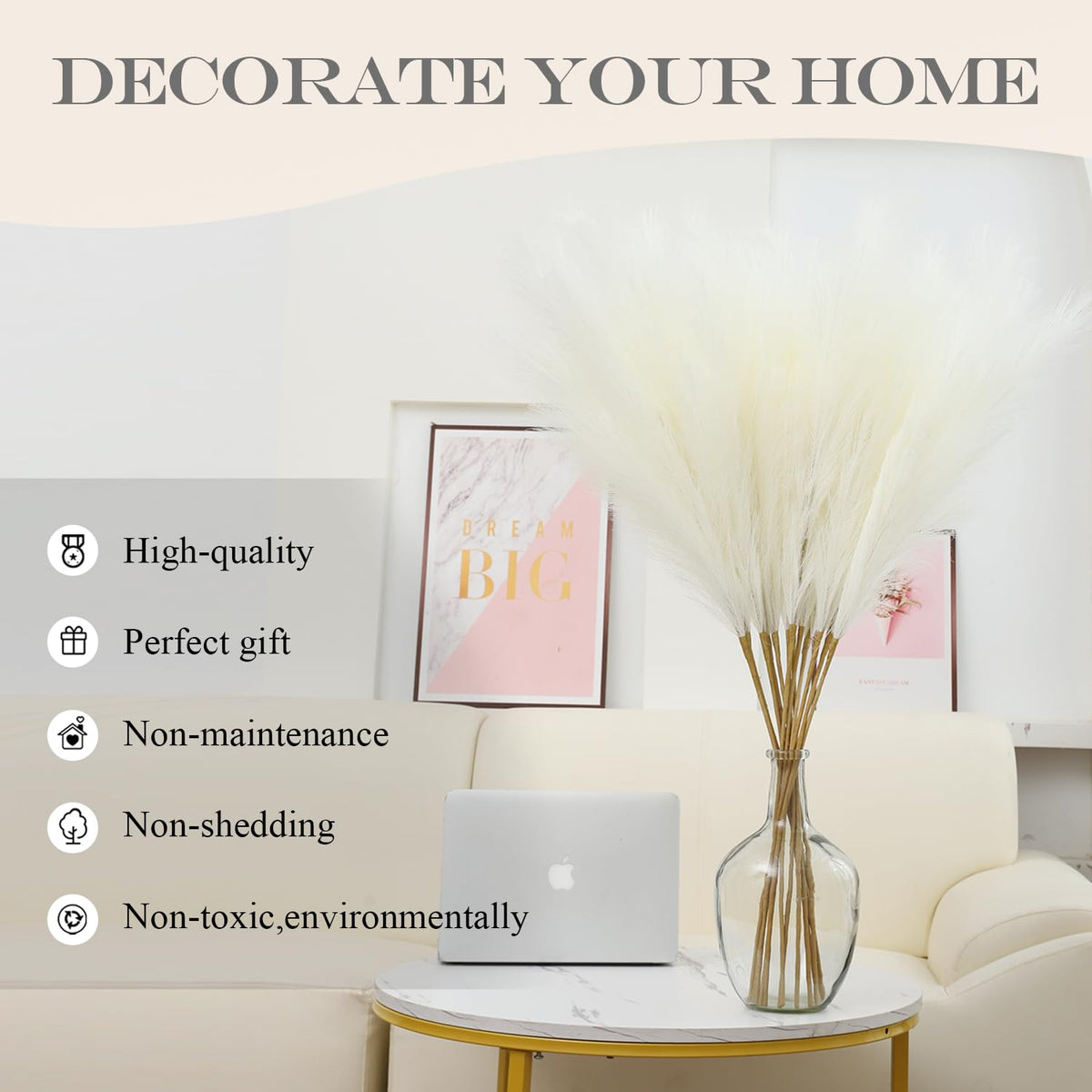 43" White Pampas Grass Fluffy - 8 PCS Tall Faux Pampas Grass Decor Artificial Pompas Grass for Floor Vase Filler Wedding Boho Home Baby Shower Mothers Day Decoration