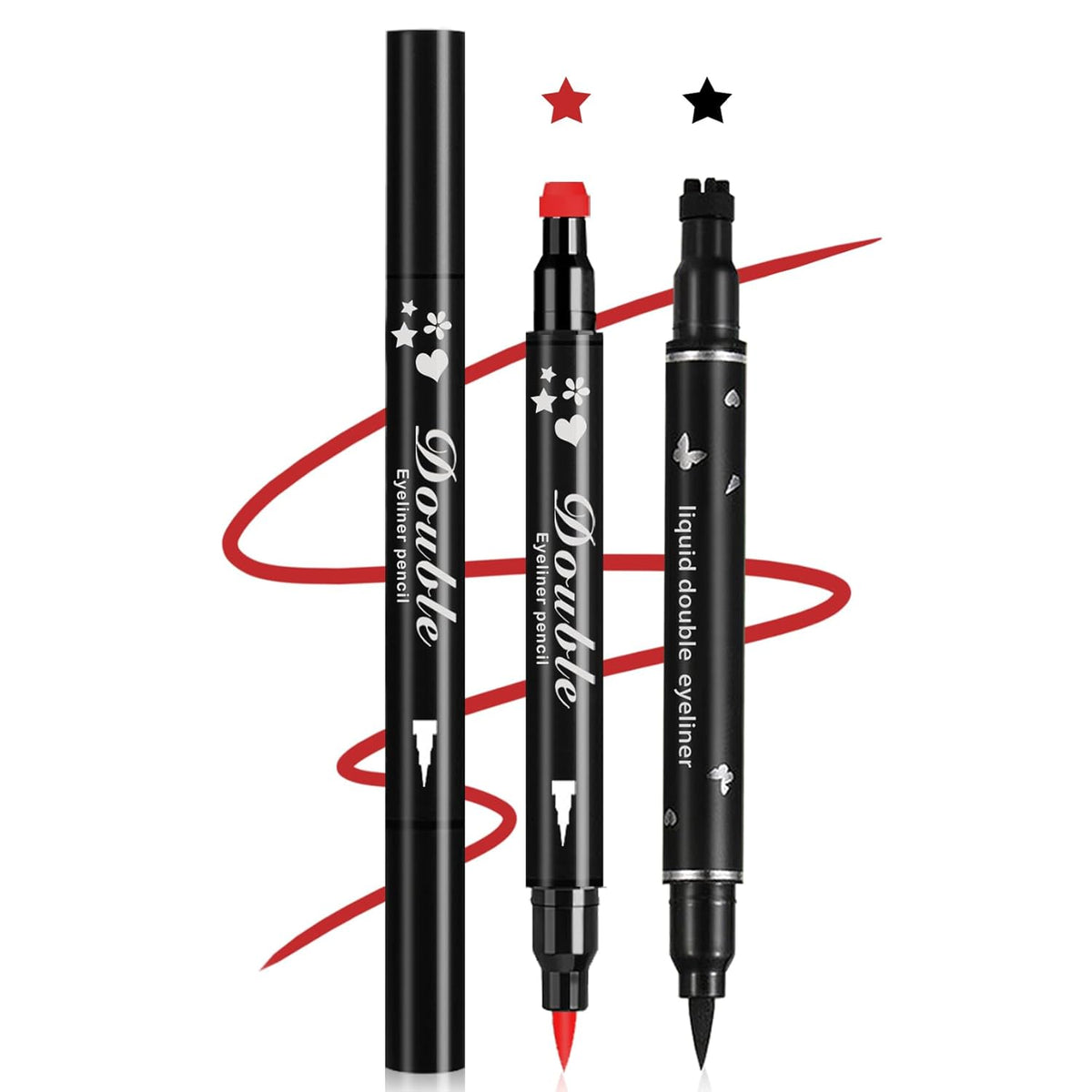2PCS Double-headed Eyeliner Stamp Pencil Black and Red Liquid Winged Eyeliner Stamp Pen Waterproof Smudgeproof Eye Liner Stamp for Eye Makeup(Star)