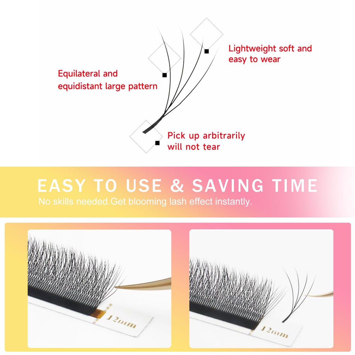 W Lash Extensions Supplies 4D Eyelash Extensions W Shape 0.07mm Thickness C Curl 9mm Premade Fans Easy Fan Lashes Volume Matte Black 12 Rows Crisscross Eye Lashes(W-4D-0.07-C,9mm)