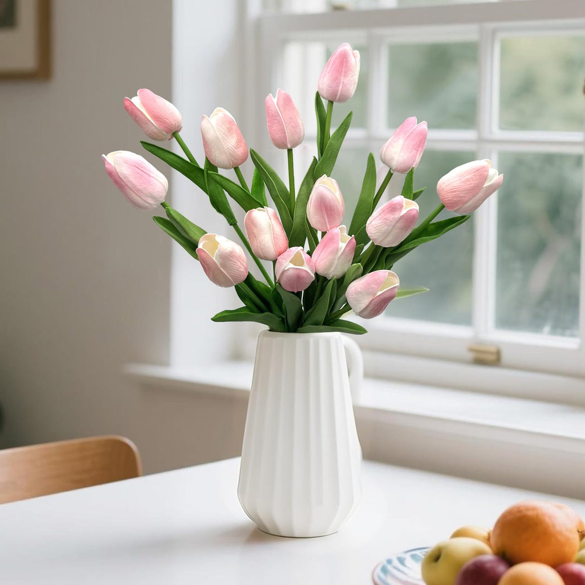 Carfoeny 16pcs Tulips Artificial Flowers Faux Tulip Bulbs Real Touch Bouquet Fake Pink Silk Tulips Floral Arrangement for Wedding Mothers Day Halloween Home Indoor Outdoors Tables Vase Planters Decor