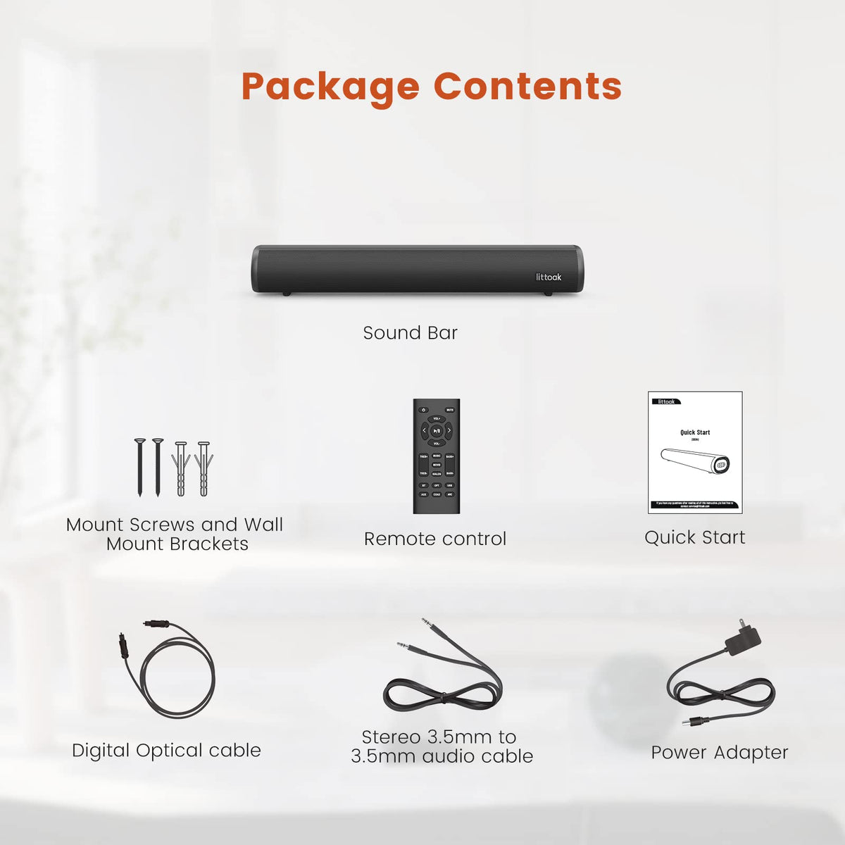 LITTOAK HDMI Sound Bar for TV, Bluetooth Small TV Soundbar Speaker, Optical/HDMI/Aux/Coax/USB/Bluetooth Connection for TV, PC, Projectors, Includes Remote Control, 16 inch