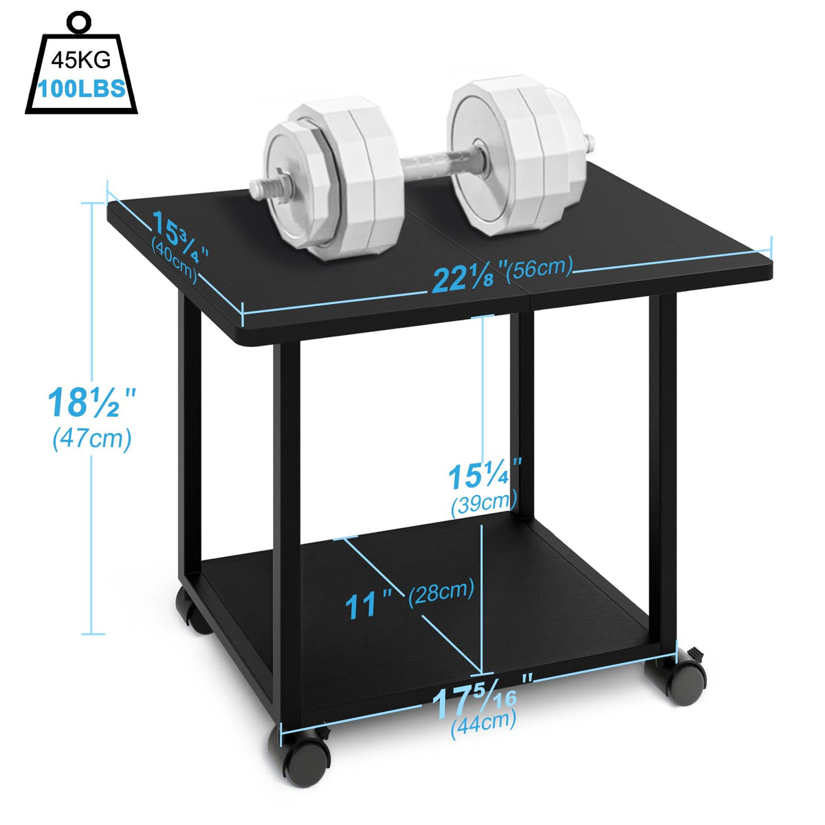 MARTY 22"x15.75" Large Under Desk Printer Stand with Storage Shelf 2-Tier Rolling Printer Cart with Wheels Printer Table for Home Office Heavy Duty Storage Rack for Scanner Fax Machine, Black