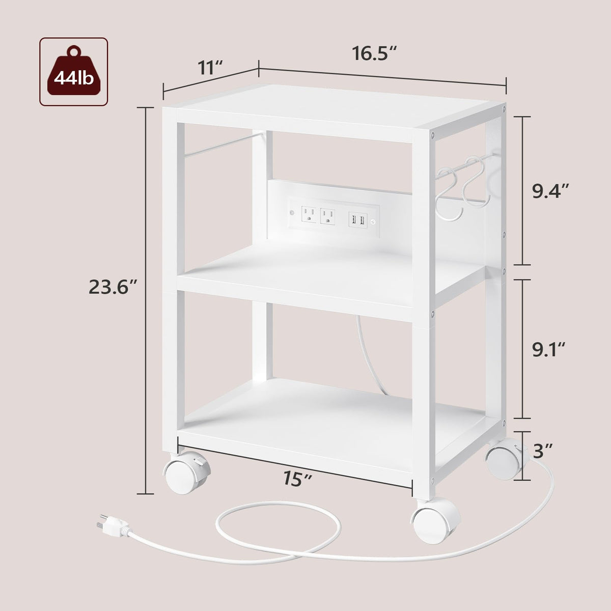 MAHANCRIS Industrial Printer Cart, 3-Tier Mobile Printer Stand, Rolling Cart with 2 AC Outlets and 2 USB Ports, Home Printer Stand with 2 Hooks, for Office, Living Room, White PTWT40E01
