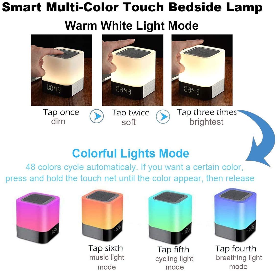 Gallstep Night Lights Bluetooth Speaker, Alarm Clock Touch Sensor Dimmable Multi-Color Changing Bedside Lamp, MP3 Player, Wireless