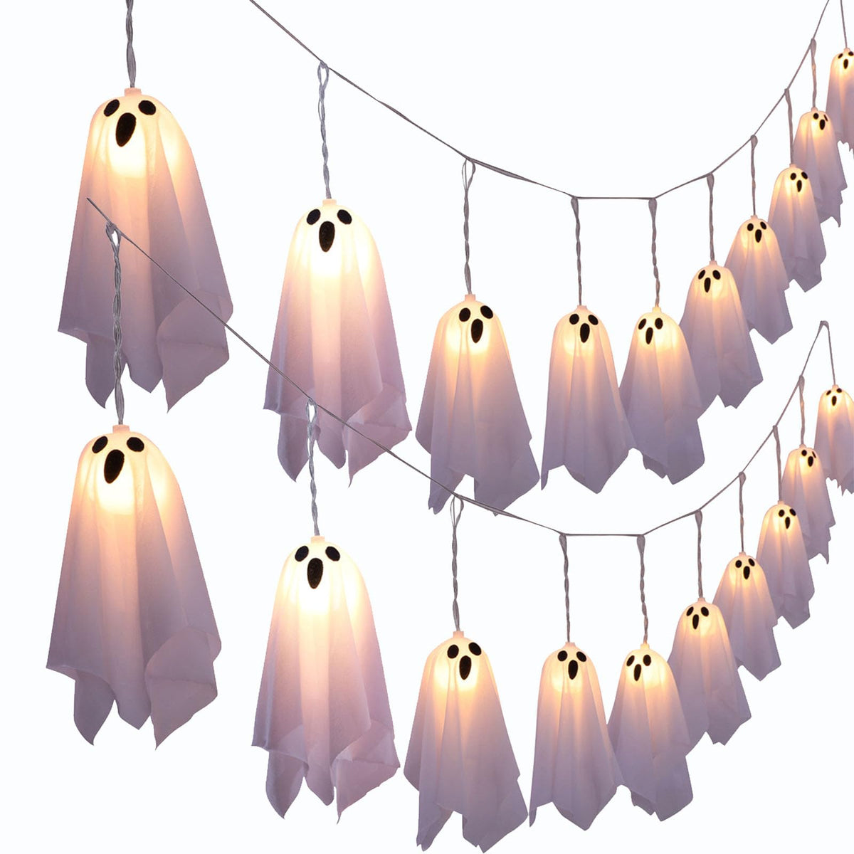 KooluWin 10 LED Ghost Battery Operated Halloween Lights, 8 Modes Ghost Hanging Lights String, Waterprof Spooky Halloween Decorations Indoor Outdoor for Party, Haunted House, Fireplace, Porch (2 Pcs)